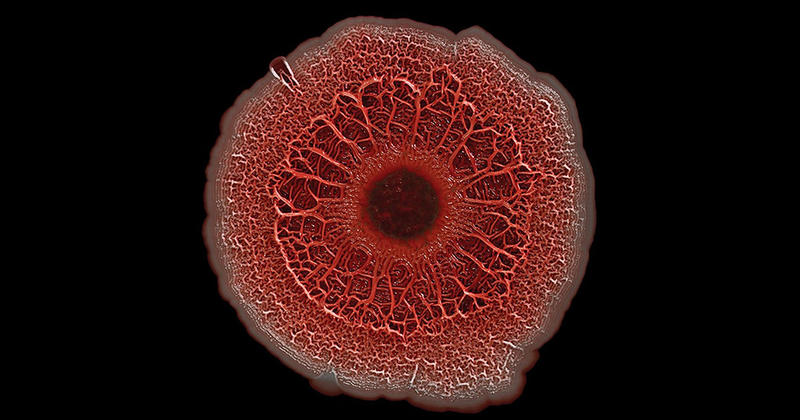 Dette billede viser en indviklet koloni af millioner af den encellede bakterie Pseudomonas aeruginosa.